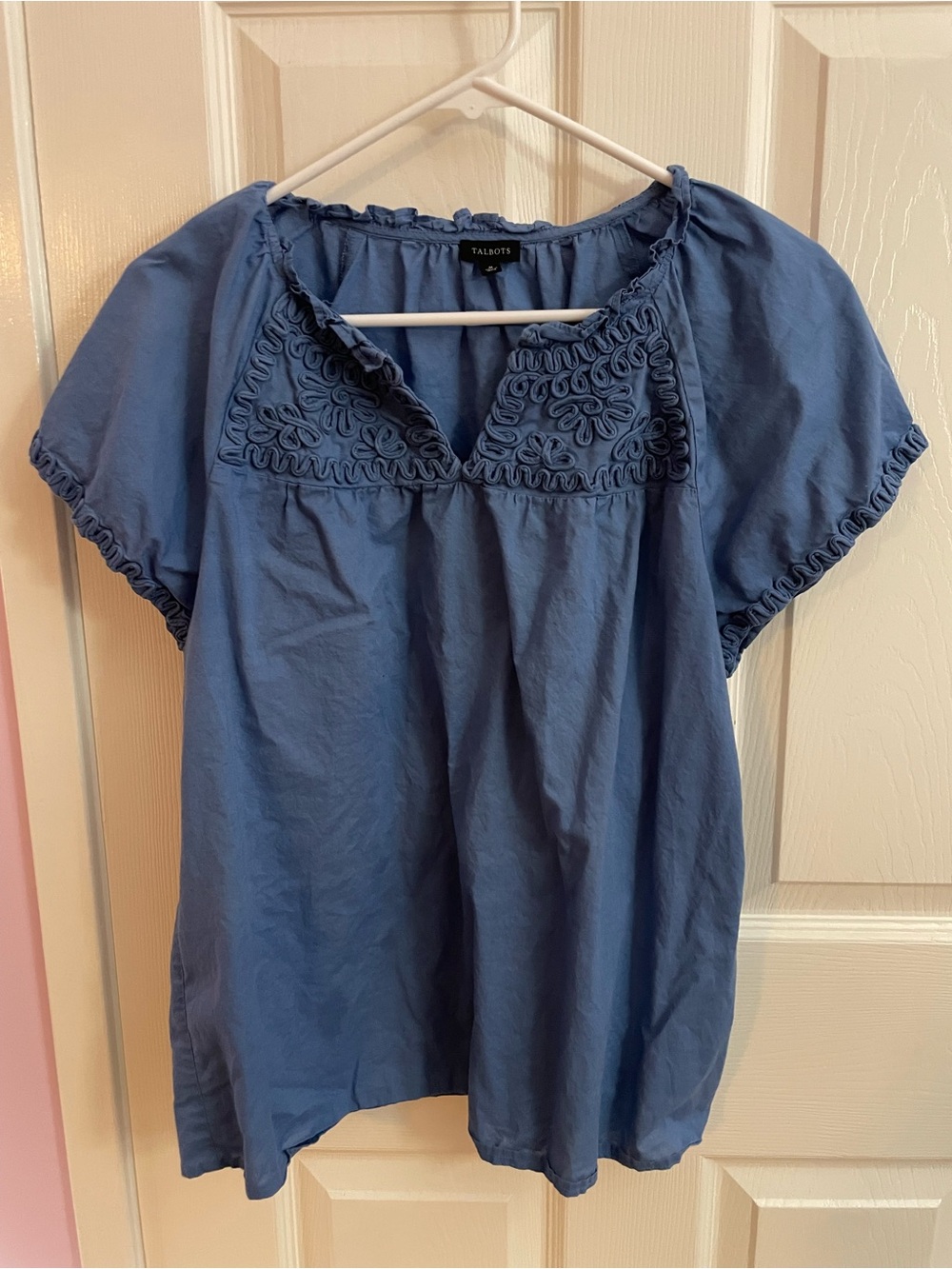 Talbots Slate Blue Cotton Embroidered Peasant Top